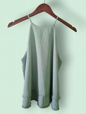 M - SHEIN Mint Green Halter Tank Top Double Layered Pom Pom Trim